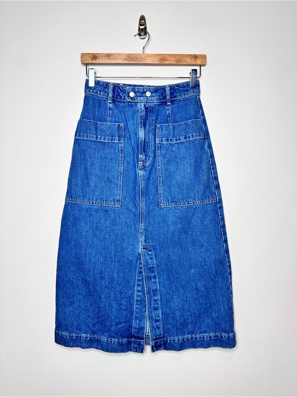 GAP Denim A-line Midi Skirt Size 0 Utility Pocket High Waist Medium Blue Wash - Picture 15 of 15